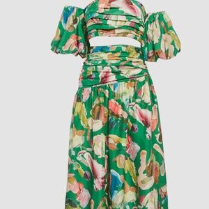 Alemais Green Abstract Print Silk Arlo Top and Midi Skirt Set